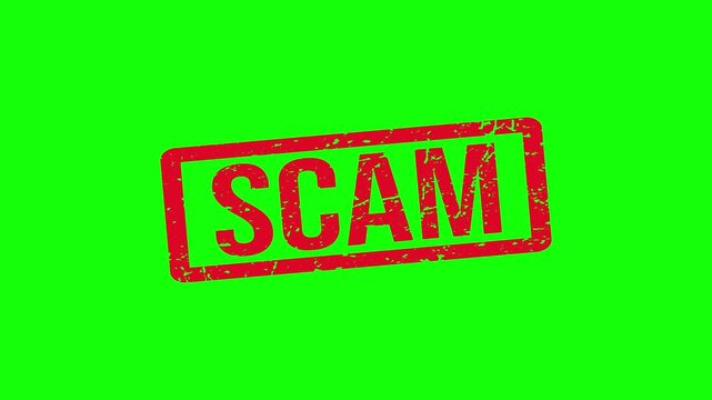 Red SCAM Rubber Stamp Animation with Grunge Texture on White and Green Screen. A red stamp on a green background reading SCAM.