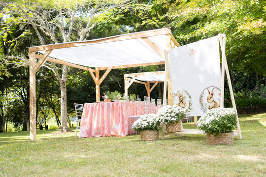 Easter lunch setup on farm with surprise bunny decor scene