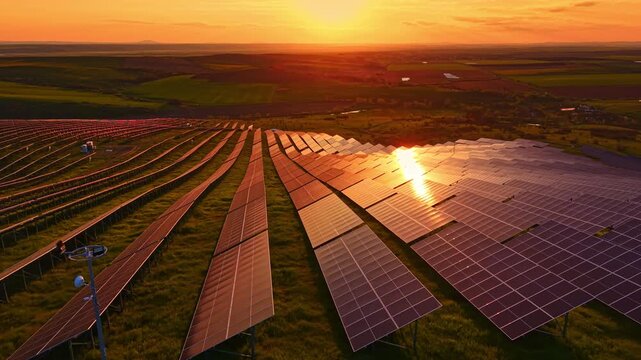 Rows of solar panels are placed on a green field. The sun is setting on the horizon, casting light on the landscape. The sky shows colors of orange and yellow.
