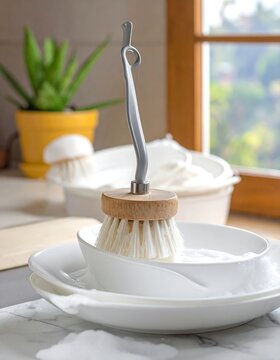 Close-up of a dish brush resting in a soapy bowl, several white dishes, window and a potted plant