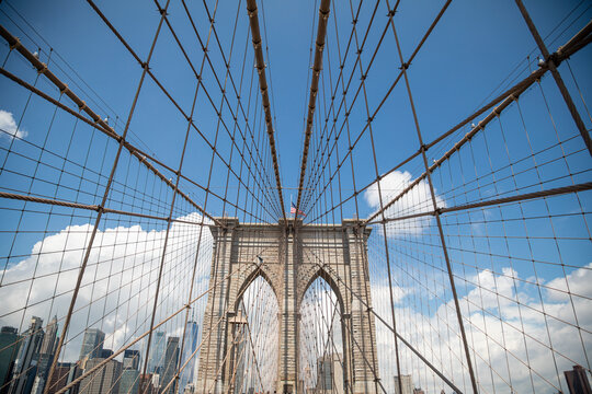Iconic Brooklyn Bridge with city skyline view