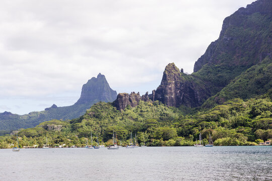 Scenic bay and jagged volcanic peaks in Moorea, Polynesia