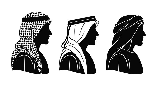 Middle eastern men silhouettes with traditional headdresses black and white