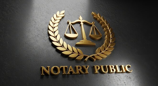 Golden notary public emblem with scales and laurel wreath on dark background