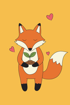 Cute fox holding seedling with hearts on spring background