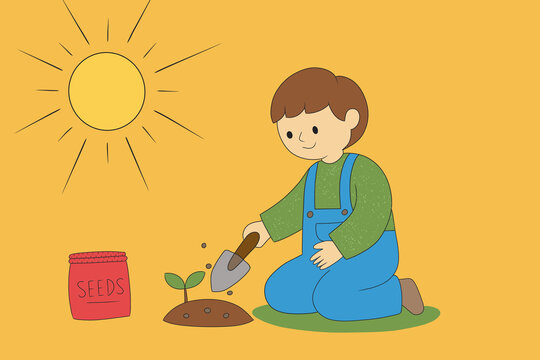 Spring planting illustration of child sowing flower seed