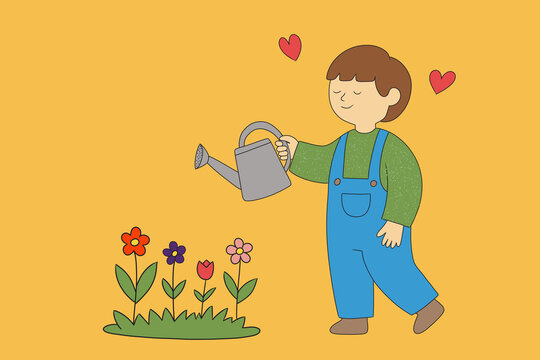 Spring gardening illustration of watering blooming flowers