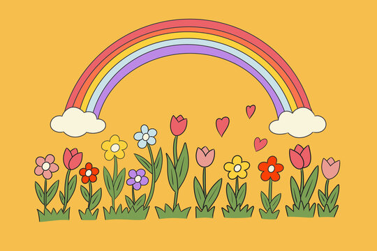 Spring rainbow over blooming flowers in cute cartoon style