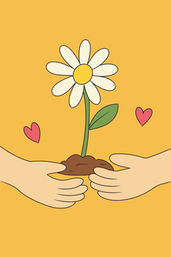 Spring blooming daisy in caring hands with love hearts