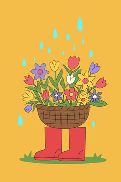 Spring rain and blooming flowers in basket above boots