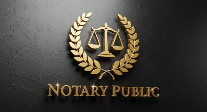 Golden notary public emblem with scales of justice and laurel wreath on dark background