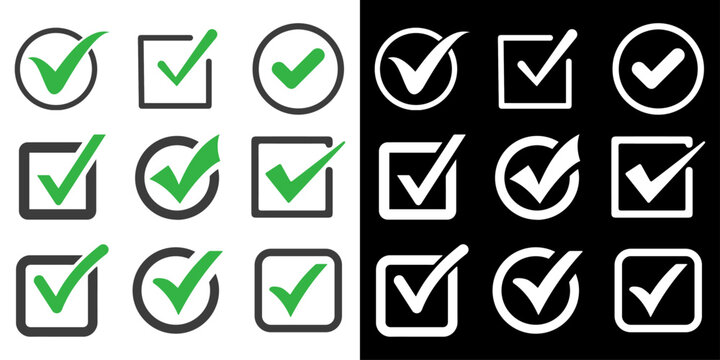 Check mark icons a collection of white and black verification symbols
