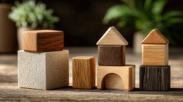 Wooden block study concept with educational building blocks on a desk, symbolizing hands-on learning, childhood education, development, creativity, and academic growth concepts,