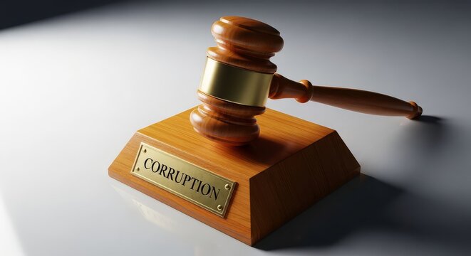 Judge gavel on corruption sign with gold band on white background symbolizing justice and law