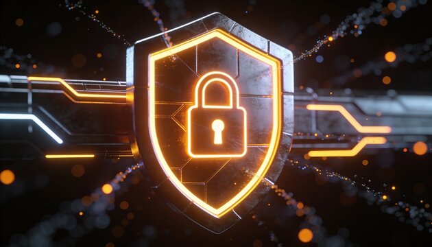 Glowing cyber shield surface texture with padlock icon detail, floating micro particle streams, extreme close-up minimalist 3D render, dark futuristic backdrop, vivid color scheme, logo-free
