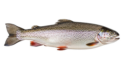 Obraz premium Full body side view of a speckled rainbow trout fish with iridescent scales and red fins, isolated on transparent background