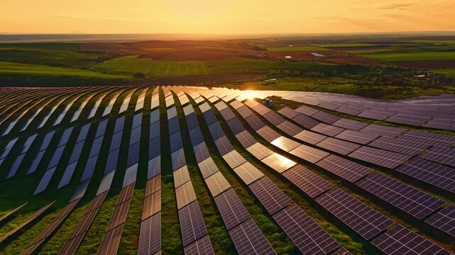 Solar panels cover a large area of land as the sun sets in the background. This shows the integration of solar energy in farming practices. The setting sun creates reflections on the panels.