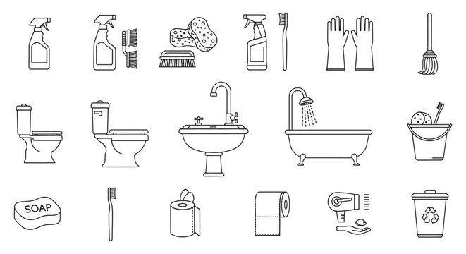 cleaning supplies and bathroom fixtures line icons set