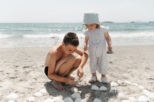 Children collecting seashells on a sunny beach day