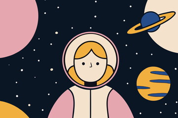 Astronaut girl exploring space with planets and stars at night