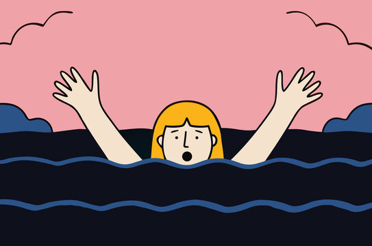 Blonde woman floating in dark water under sunset sky