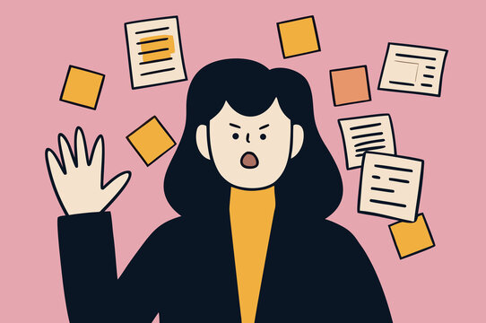 Frustrated office woman with flying papers and sticky notes