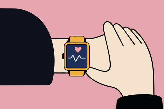 Person checking heart rate on smartwatch on pink background