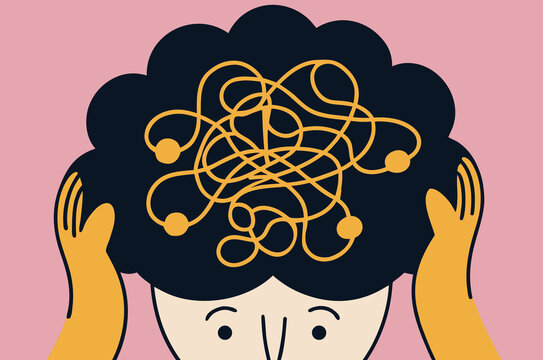 Person holding head with tangled lines showing stress