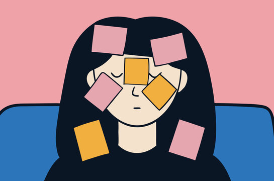 Stressed person with sticky notes on face in simple room