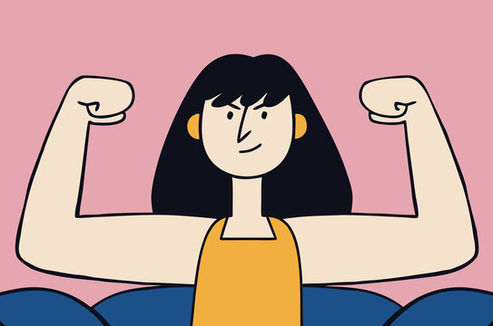Cartoon strong woman flexing muscles on pink backdrop