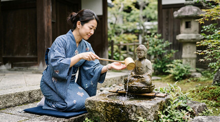Fototapeta premium Woman in kimono pouring water over Buddha statue in traditional Japanese garden. Scene captures serene act of cleansing with water, nature surrounding.