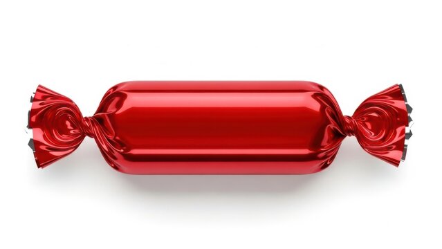 A shiny red candy wrapper with a glossy finish and intricate twists at both ends