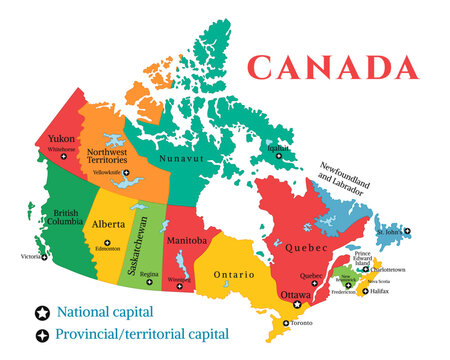 Colorful Vector Map of Canada with Provinces, Territories and Capital Cities
