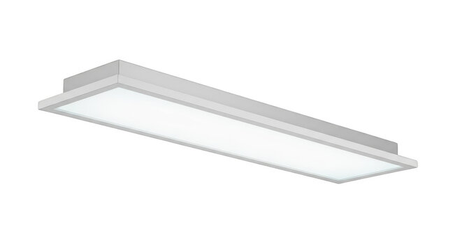 Rectangular led ceiling light panel with a white frame and a flat glowing surface, isolated on transparent background