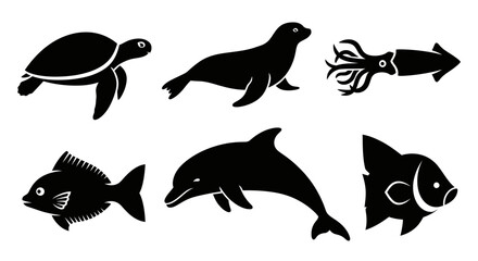 Obraz premium Marine Animals Silhouettes Set: Turtle, Seal, Squid, Fish, Dolphin Icons