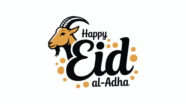 Happy Eid al-Adha greeting card vector, brown goat head illustration with calligraphy, Islamic festival celebration banner with animal sacrifice theme