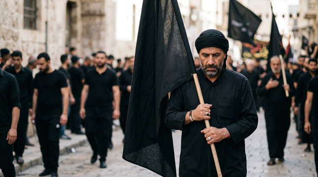 Black flag procession during religious observance in city streets, participants dressed in black robes and carrying flags. Community march reflects cultural significance and tradition of remembrance.