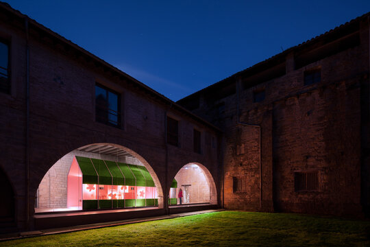 Museum exhibition at Pamplona Cathedral illuminated at night