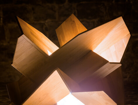 Abstract wooden sculpture with geometric design