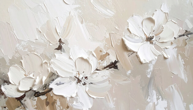 Abstract oil painting of white flowers, thick impasto brush strokes, layered paint texture, soft neutral background