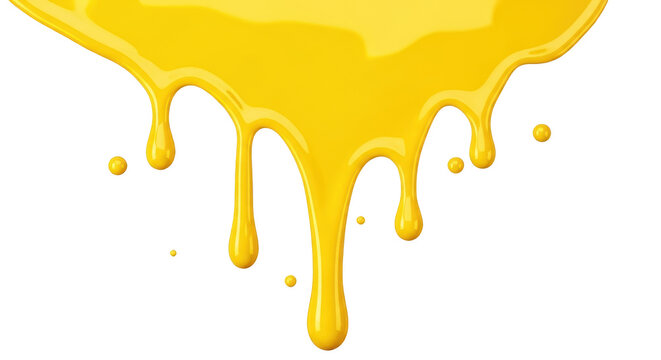 Thick yellow liquid paint or honey dripping down with smooth glossy texture and round droplets, isolated on transparent background
