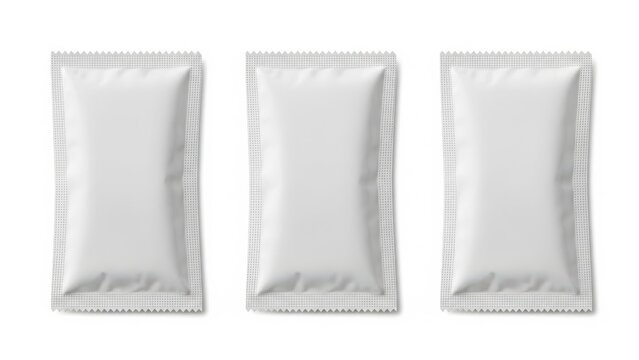 Three sealed packets of white powdered substance on a white background