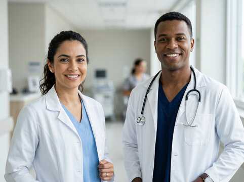 Two smiling diverse doctors in a hospital hallway