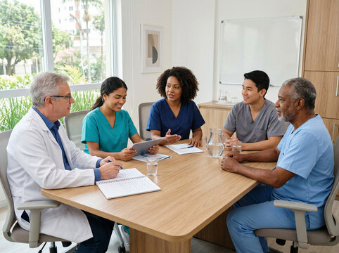 Diverse medical team has a meeting in an office