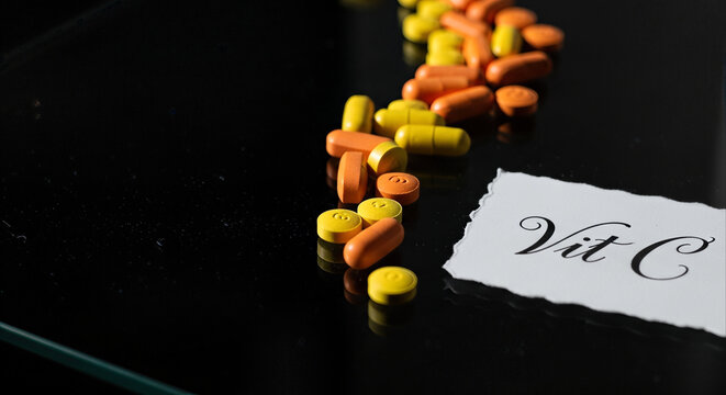 Orange and yellow Vitamin C tablets scattered on a dark reflective surface with 'Vit C' calligraphy, symbolizing health and wellness