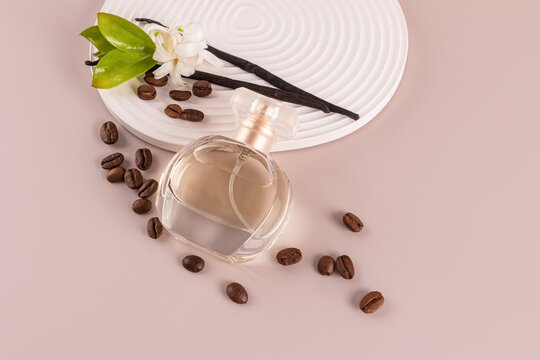 Perfume bottle with vanilla and coffee beans