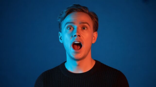 Shocked young man with surprised expression in blue and orange neon light portrait