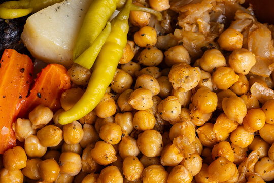 Traditional Spanish cocido with chickpeas and vegetables
