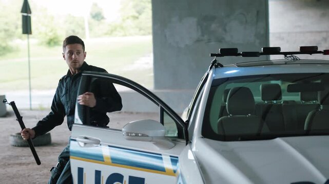 Angry policeman with a pistol punches the offender arrest bad guy crime danger dangerous gangster gun illegal law pistol teamwork safety security emergency slow motion