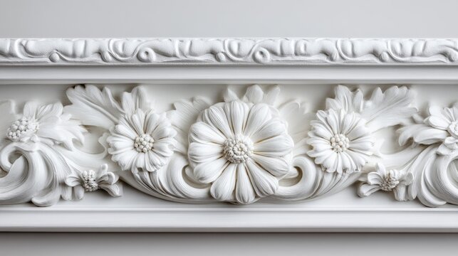 Elegant Plaster Cornice with Repeating Floral Patterns and Decorative Details
